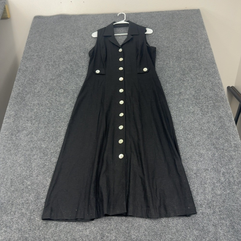 Vintage Virgo Dress Womens 12 Black Linen Rayon Button Front Sleeveless Maxi 90s
